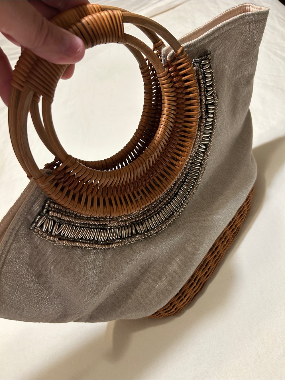 Beaded Beige Linen & Wicker Circle-Handle Tote